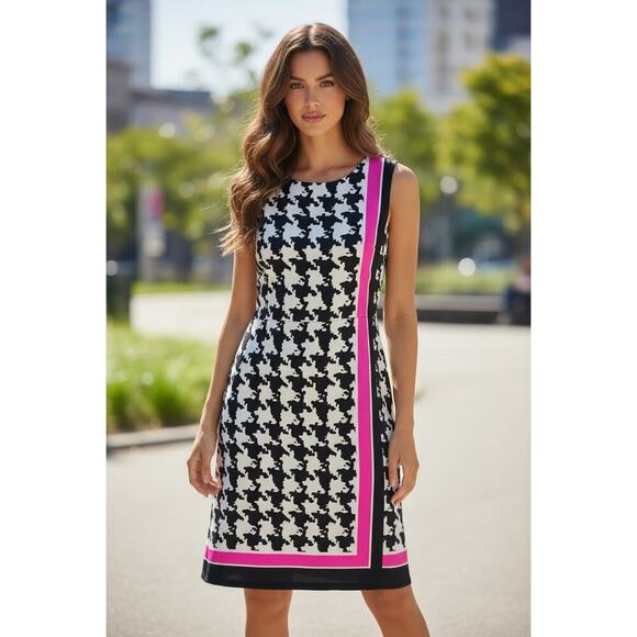 Julie Brown Dresses & Skirts - Julie Brown NYC 100% Silk Dress Size 6 Black White Houndstooth Pink Trim Shift